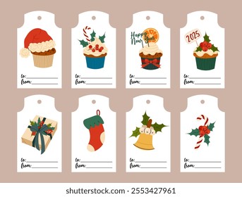 Set of Christmas tags for gift wrapping. Gift labels with cupcakes, caramel cane, Christmas bell. Flat illustration on white background.