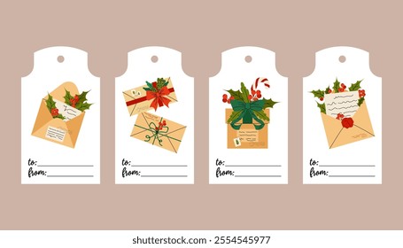 Set of Christmas tags for gift wrapping. Gift labels with letters, gift box, winter berries and caramel cane. Flat illustration on white background.