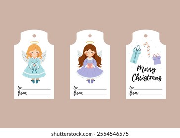 Set of Christmas tags for gift wrapping. Gift labels with angels, lettering, Christmas present. Flat illustration on white background.