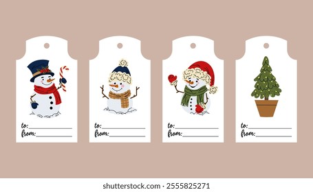 Set of Christmas tags for gift wrapping. Gift labels 
with cute snowmen and Christmas tree. Flat illustration on white background.