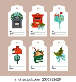 Set of Christmas tags for gift wrapping. Gift labels with mailboxes, Christmas decor, holly berries, Christmas wreath. Flat illustration on white background.