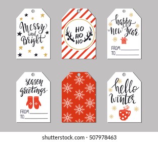 Set of Christmas tags with modern lettering. Holiday templates.