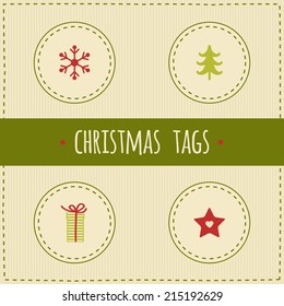 Set of christmas tags, Traditional red, green and cream colors. Christmas decorations - snowflake, christmas tree, gift box and star.