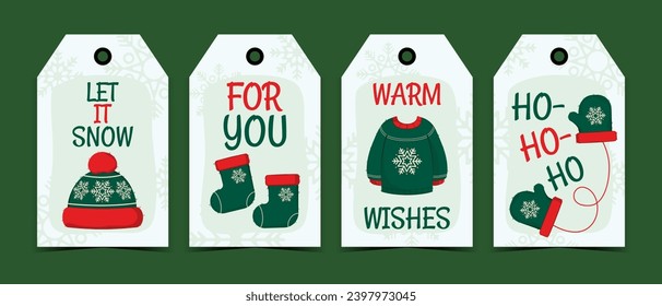 Set of Christmas tags with winter cozy clothes and greeting wishes