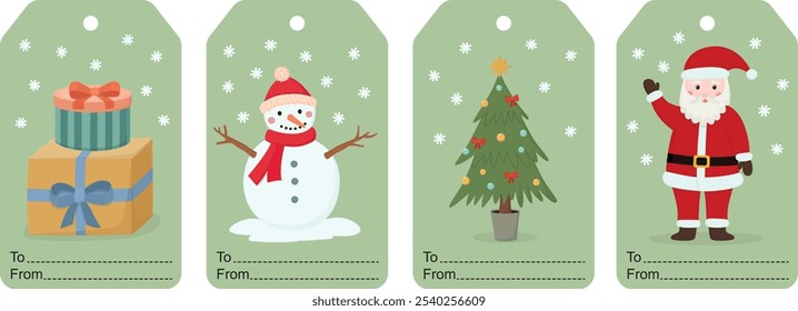 Set of Christmas tags. Winter labels with Santa, Christmas tree, snowman and gifts