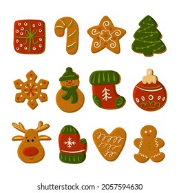 Set of Christmas tasty homemade cakes. Gingerbread cookie collection. Happy New Year cute illustration isolated on white background. Vector art