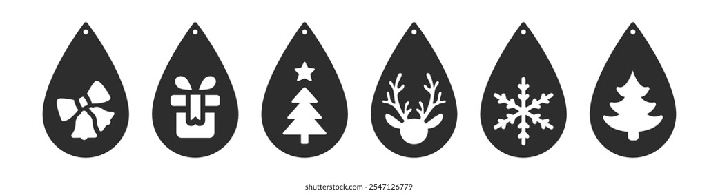 Set of Christmas teardrop designs for earrings, pendant or keychain. Jewelry silhouette cut template. Laser cutting with leather, wood or metal. New Years vector stencils