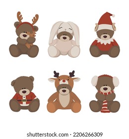 Set of christmas teddy bears. Cute christmas bear toys collection. Vector.