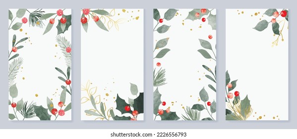 Set of christmas template poster. Decorative elements of watercolor botanical leaves, pine leaf, holly, berry, gold line art. Design illustration for banner, card, social media, advertising, website.