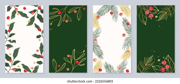 Set of christmas template poster. Decorative elements of watercolor botanical leaves, pine leaf, mistletoe, gold line art. Design illustration for banner, card, social media, advertising, website.