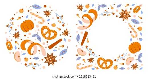 A set of Christmas templates. Circle and frame of tangerines, oranges, spices, cinnamon, cloves, anise