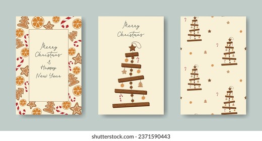 Conjunto de plantillas de Navidad con árbol de Navidad artesanal y decoraciones orgánicas. Tarjeta de vacaciones de invierno, patrón, marco. Año Nuevo sin plástico y residuos