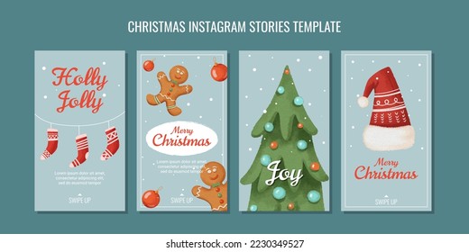 set of christmas templates for instagram stories in textured watercolor style gingerbread men and christmas balls