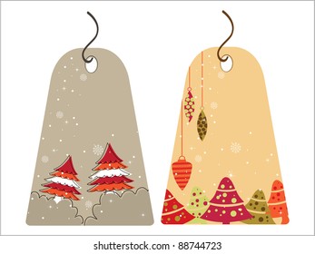 set of christmas theme concept tags in gray and yellow color having Christmas tree, hanging decorative elements & snow flakes for christmas & other occasions