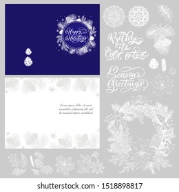 Set of Christmas theme elements and letterings for made greeting cards. Vector hand drawn line illustrations