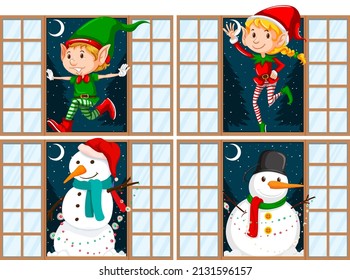 Set of Christmas theme elf and snowman at the door illustration