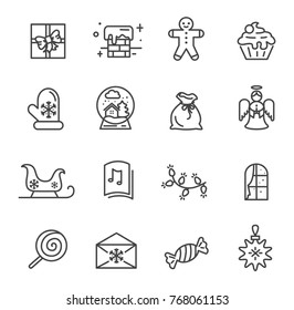 Set of Christmas theme icons isolated on white background. Vector illustration with flying angel, sweet pancake and snowy chimney drawn in black
