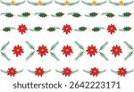 Set Christmas themed decorative border and text divider, Mistletoe Holly branches, poinsettias fir twigs stars Pattern. Vector Illustration. Winter holiday decoration and invitation card dividers