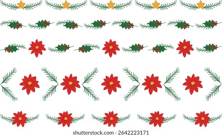 Set Christmas themed decorative border and text divider, Mistletoe Holly branches, poinsettias fir twigs stars Pattern. Vector Illustration. Winter holiday decoration and invitation card dividers