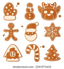 A set of Christmas themed gingerbread cookies in different shapes including mitt, snowman, reindeer, Santa, snowflake, tree, bell, Christmas tree, candy, New Year gift