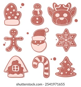 A set of Christmas themed gingerbread cookies in different shapes including mitt, snowman, reindeer, Santa, snowflake, tree, bell, Christmas tree, candy, New Year gift