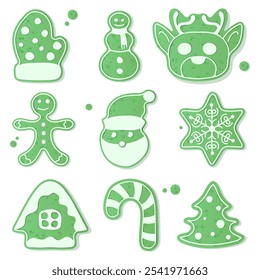 A set of Christmas themed gingerbread cookies in different shapes including mitt, snowman, reindeer, Santa, snowflake, tree, bell, Christmas tree, candy, New Year gift