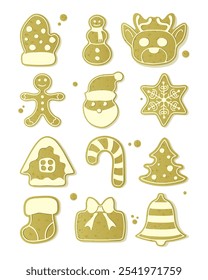 A set of Christmas themed gingerbread cookies in different shapes including mitt, snowman, reindeer, Santa, snowflake, tree, bell, Christmas tree, candy, New Year gift