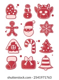 A set of Christmas themed gingerbread cookies in different shapes including mitt, snowman, reindeer, Santa, snowflake, tree, bell, Christmas tree, candy, New Year gift