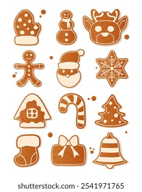 A set of Christmas themed gingerbread cookies in different shapes including mitt, snowman, reindeer, Santa, snowflake, tree, bell, Christmas tree, candy, New Year gift