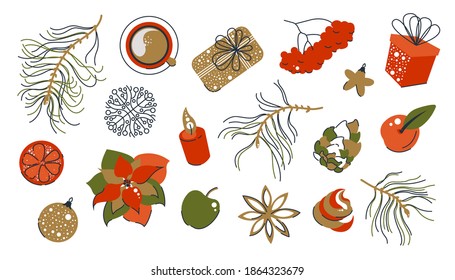 Set of Christmas themed items. Food, drinks, spices, plants, decorations. Isolated festive objects for your design. Vector illustration.