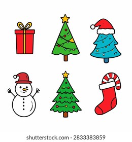 Set of Christmas themed items including decorated trees, gift box, snowman, Santa hat, and holiday stocking for seasonal celebrations.