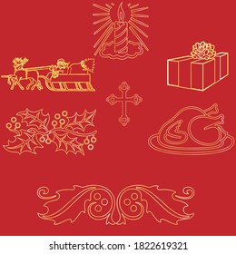 Set of Christmas themed symbols in gold against a red backdrop.