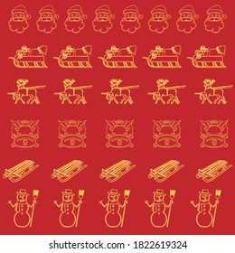 Set of Christmas themed symbols in gold against a red backdrop.