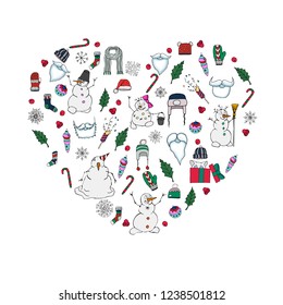 Set of Christmas themes.Isolated objects on white background. Christmas elements framed by the heart.