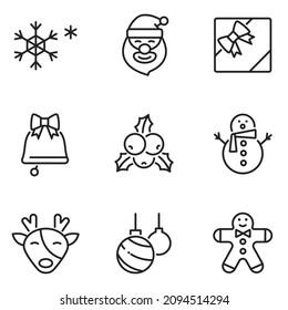 Set of Christmas thin icon vector in trendy flat style isolated on white background, designed happy festival concept symbol collection with Santa clause, snow, gift, deer, bell etc.