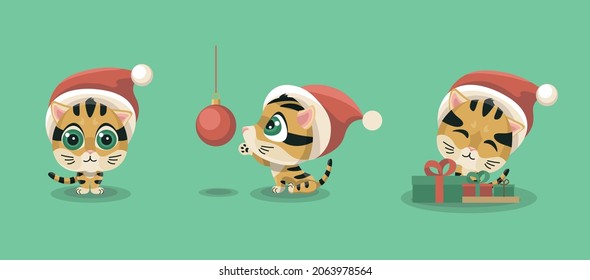 Set of Christmas tiger cub. Flat cute kitten wearing new year hat.
