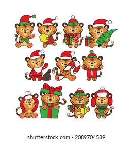 Set of Christmas tiger isolated on white background. Symbol of 2022. Vector illustration of cartoon character in flat style for decorations, invitations and greeting cards for Christmas and New Year.
