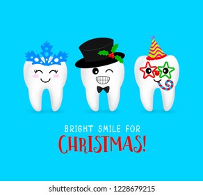 Set of Christmas tooth characters. Emoticons facial expressions. Funny dental care concept. Illustration isolated on blue background.