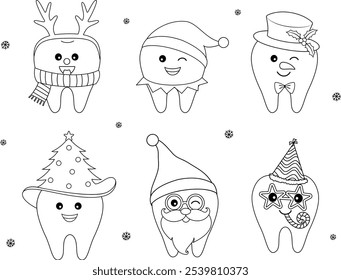 Set of Christmas tooth characters. Outline style. Santa Claus, Snowman, elf and Reindeer. Bright smile for Christmas, dental care concept. Vector illustration 