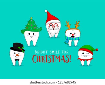 Set of Christmas tooth characters.  Santa Claus, Snowman, elf and Reindeer. Bright smile for Christmas, dental care concept. Vector illustration isolated on green background.