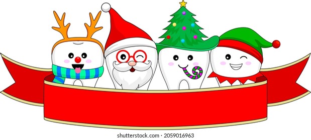 Set of Christmas tooth characters. Santa Claus, Snowman, elf and Reindeer with red ribbon. Bright smile for Christmas, dental care concept. Vector illustration.