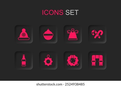 Set Christmas toy, ball, Santa Claus hat, wreath, Candy cane with stripes, Winter scarf, Angel and Champagne bottle icon. Vector