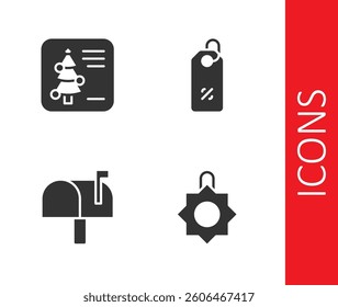 Set Christmas toy, postcard, Mail box and Discount percent tag icon. Vector