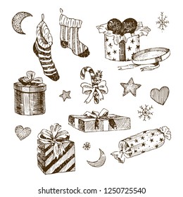 Set of christmas toys for children. Socks for candy. Gifts with ribbons and heart. Hand drawn moon and stars, snowflakes. Vintage vector illustration