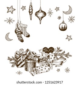 Set of christmas toys for children. Socks for candy. Gifts with ribbons and heart. Hand drawn moon and stars, snowflakes. Vintage vector illustration isolated on white background
