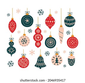 Set Christmas toys for decorating tree. Vector illustration.