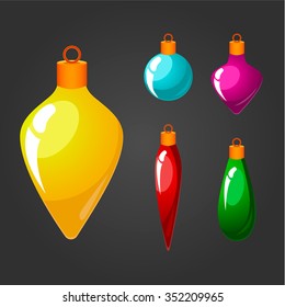set of Christmas toys and decoration in different shape and color. Cartoon vector illustration.
