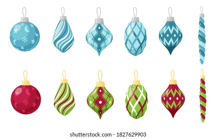A set of Christmas toys or in a flat style. Collection of ornaments for Christmas tree decoration. Design elements for Christmas cards, flyers, and advertising posters. isolated on a white background