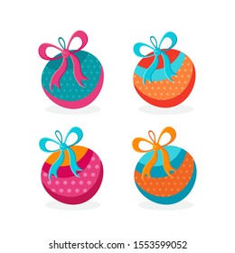 Set of Christmas toys in flat vector. Colorful Christmas balls isolated on white background. Decoration for new year and Christmas holiday. Bright children's illustration for holiday design.