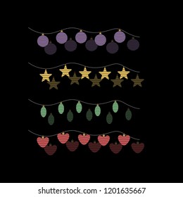 A set of Christmas toys. Garland icon on black background. 
